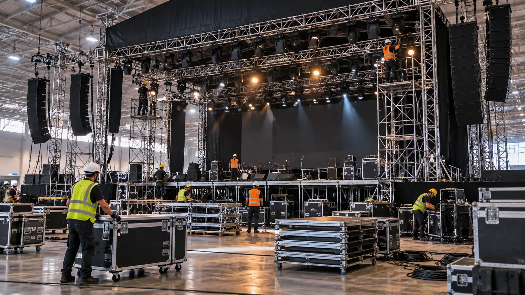 Montagem de estrutura e palco antes do evento