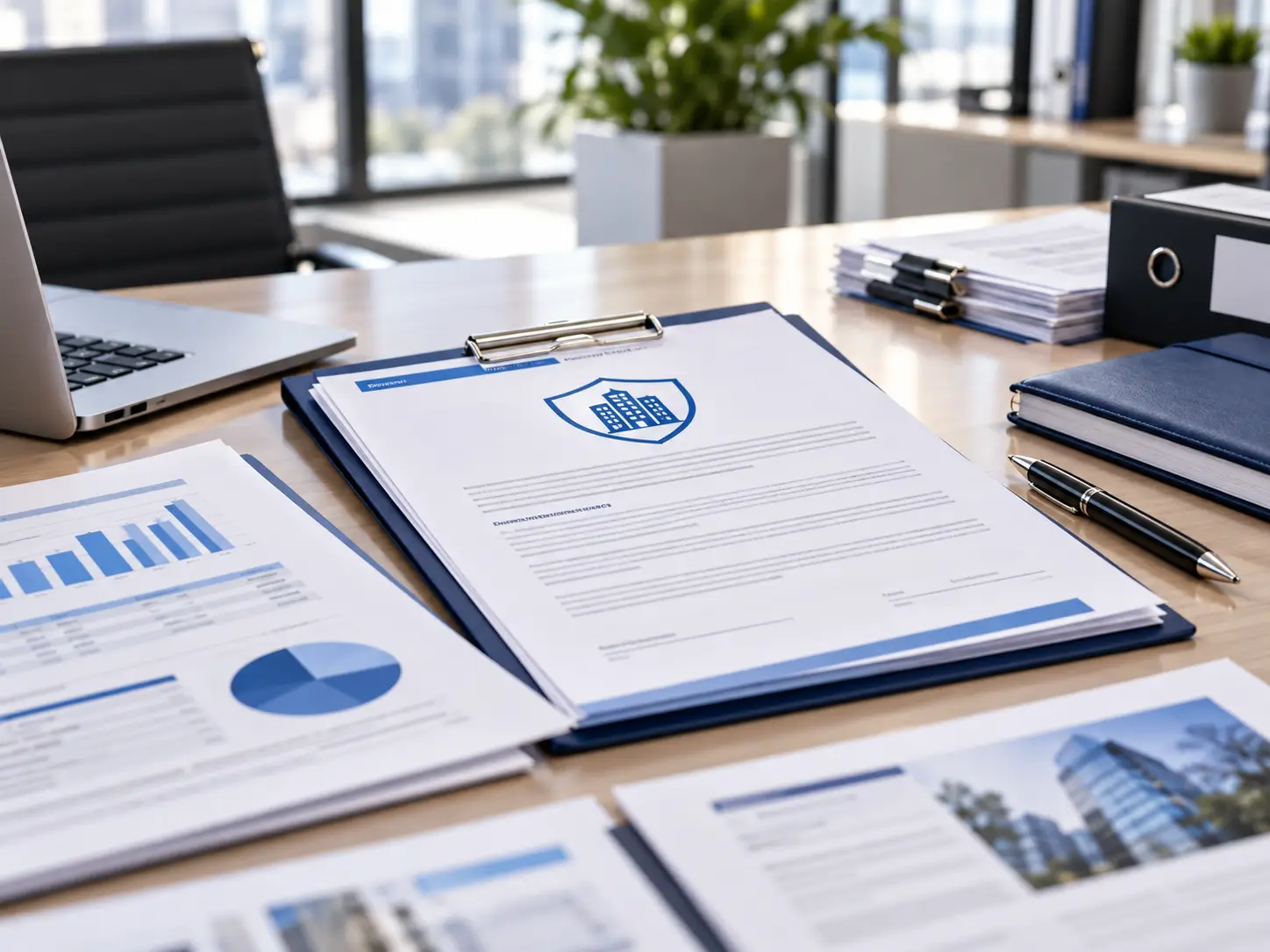 O que é seguro empresarial: apólice e documentos da empresa sobre a mesa